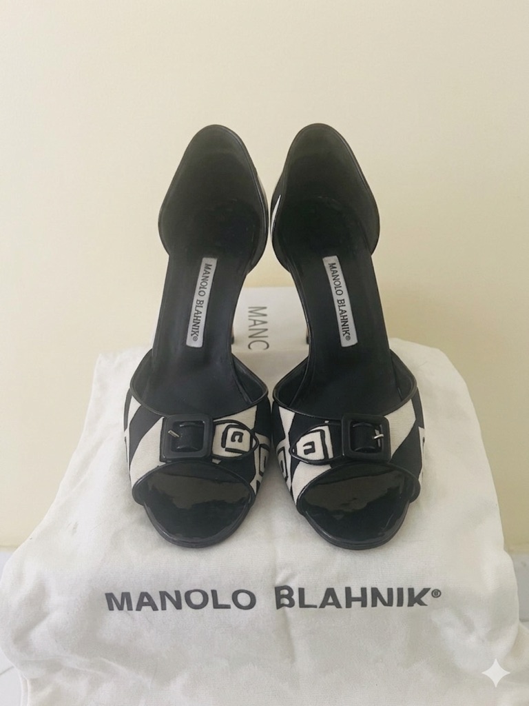Vintage Manolo Blahnik Black And White Buckle Open-Toe Heels